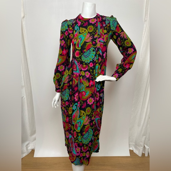 VINTAGE Mod Psychedelic Paisley Print Long Sleeve Midi Dress Excellent Condition - Picture 1 of 10